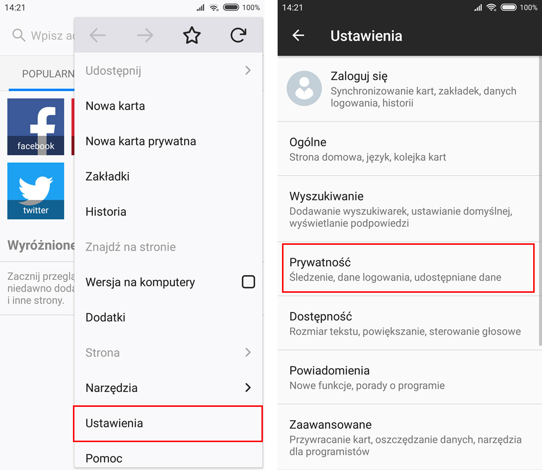 Wejdź do opcji prywatności w Firefox na Androidzie