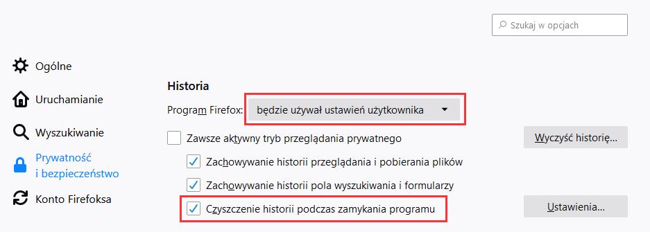 Włącz automatyczne czyszczenie historii w Firefox na komputerze