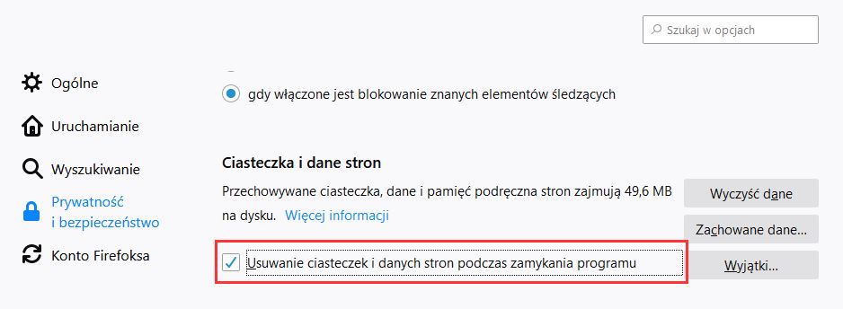 Włącz automatyczne czyszczenie ciasteczek w Firefox na komputerze