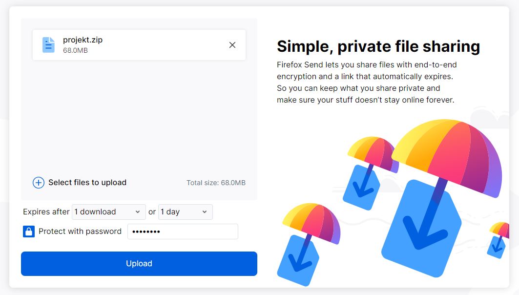 Firefox Send - dostosuj ustawienia