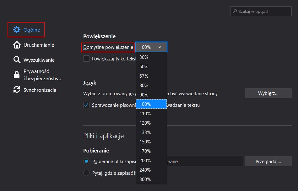 Ustaw powiększenie w Firefox 73