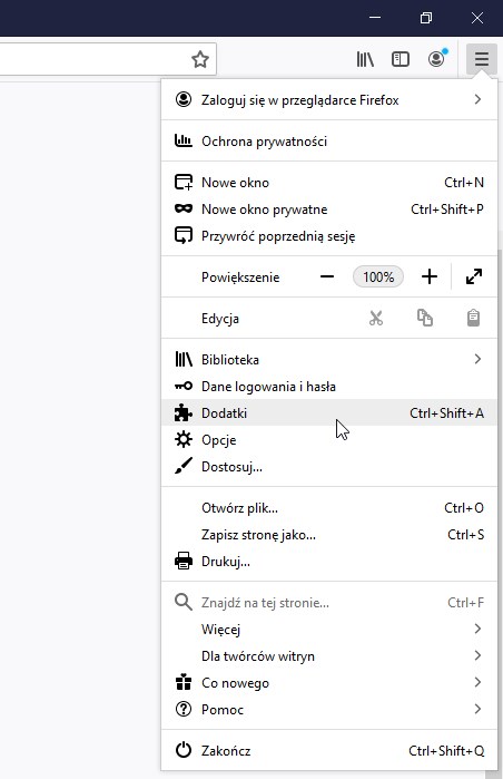 Wejdź do opcji dodatków w Firefox