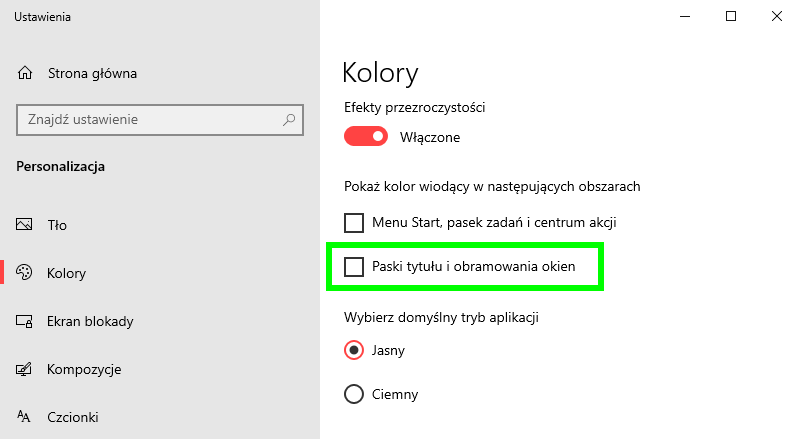 Wyłącz opcję kolorowania okien w Windows 10