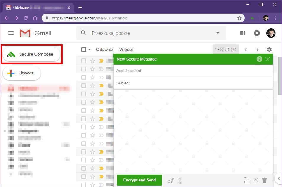 Tworzenie nowej wiadomości zaszyfrowanej przez FlowCrypt w Gmail