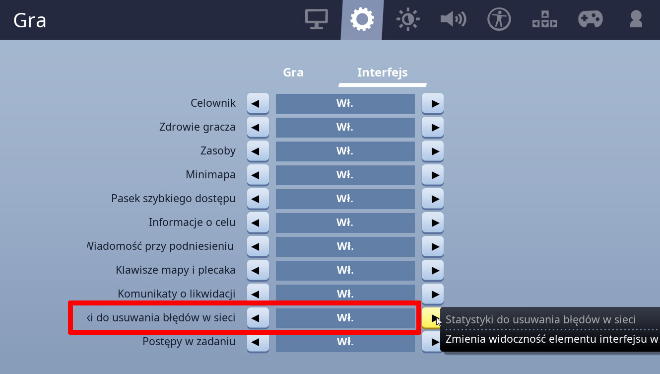 Włącz wyświetlanie statystyk sieciowych w Fortnite