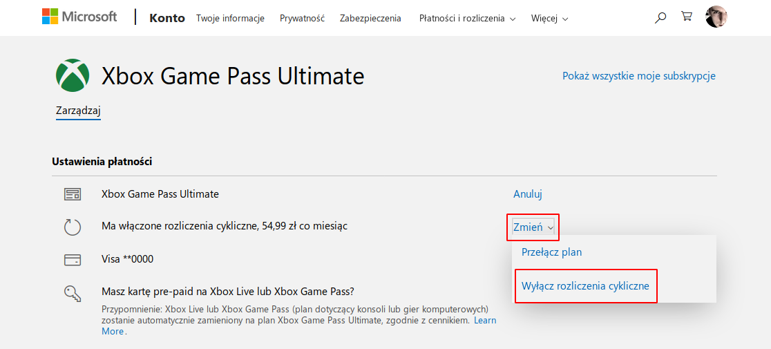Wyłącz rozliczenia cykliczne - Xbox Game Pass
