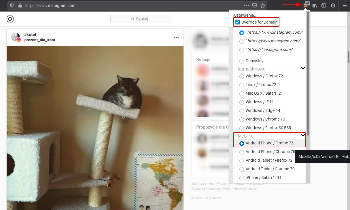 Zmień User-Agent na Android / Firefox 72