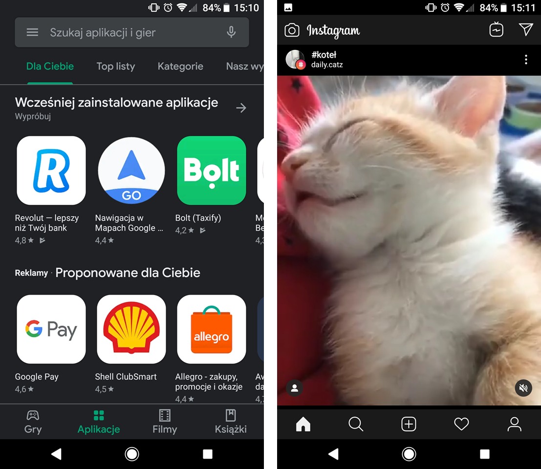 Sklep Play i Instagram w trybie ciemnym