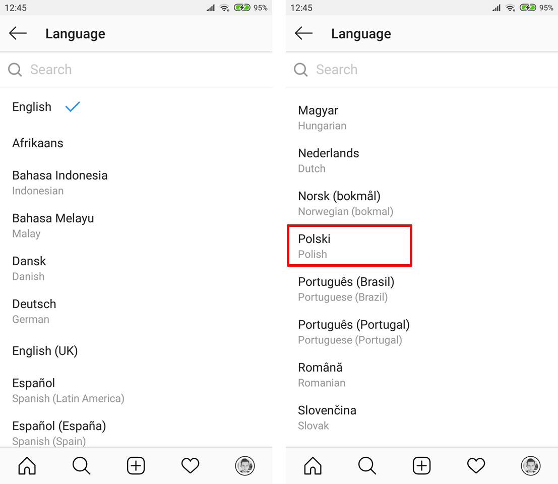 Wybierz język polski w Instagramie