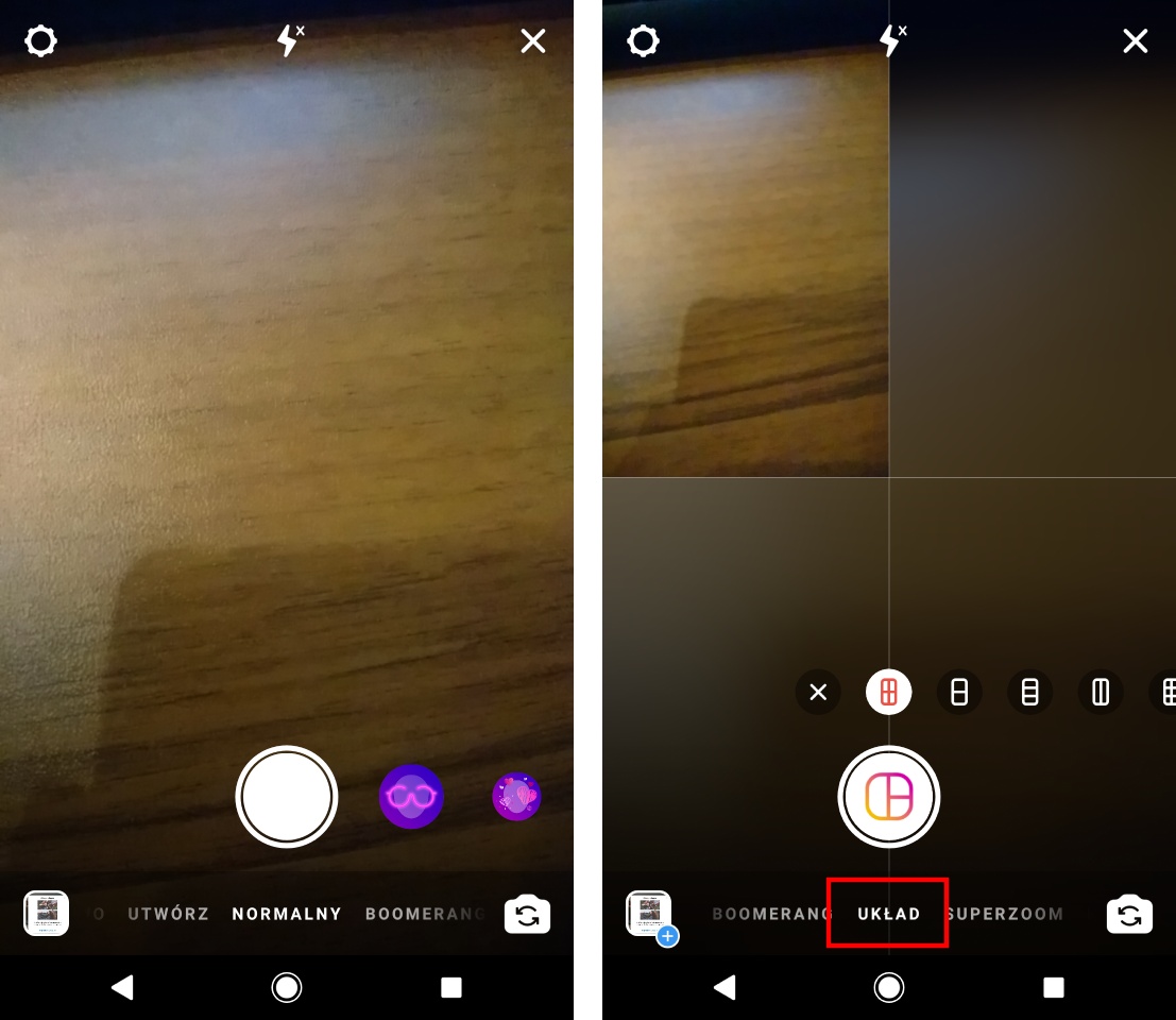 Instagram - wybierz tryb Układu