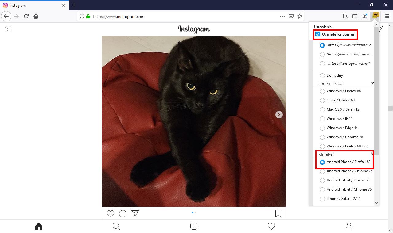 Instagram w wersji mobilnej w Firefox