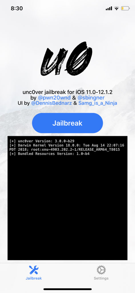 Wciśnij przycisk "Jailbreak" w aplikacji unc0ver
