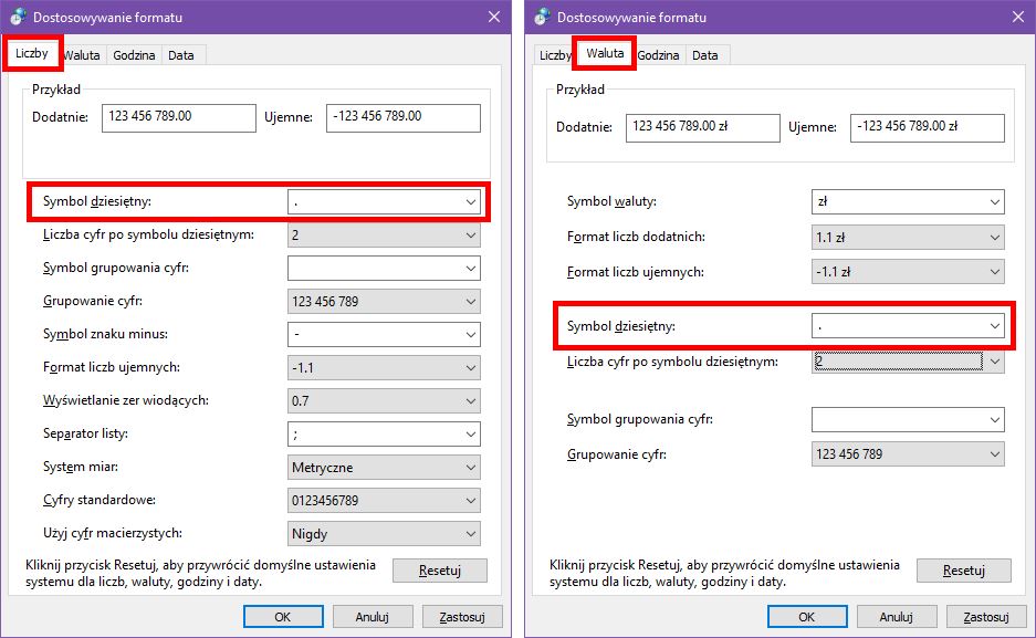 Zmień symbol dziesiętny w ustawieniach regionalnych