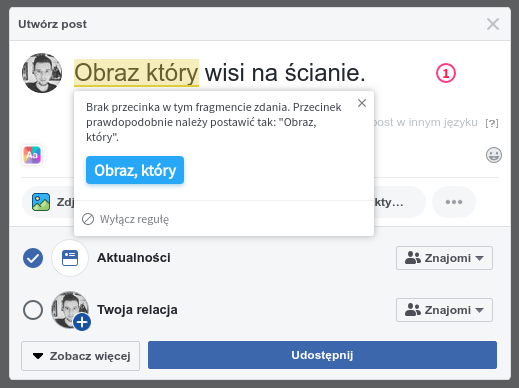 Korekta błędu interpunkcyjnego przez LanguageTool