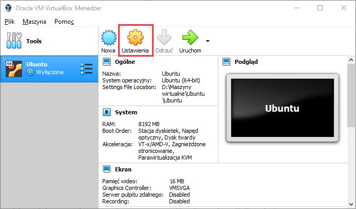 Wejdź do ustawień maszyny wirtualnej