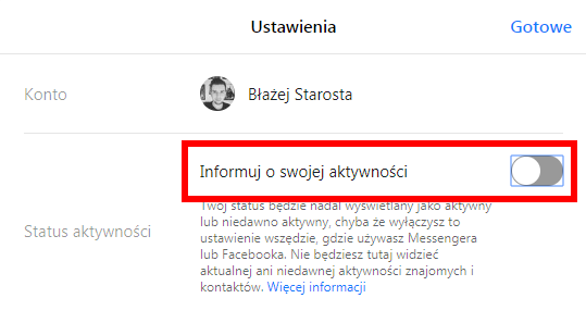 Wyłącz informowanie o statusie aktywności na Messenger.com