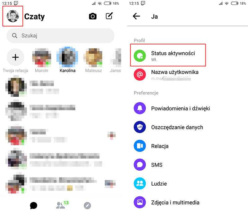 Messenger - wejdź do ustawień aktywności