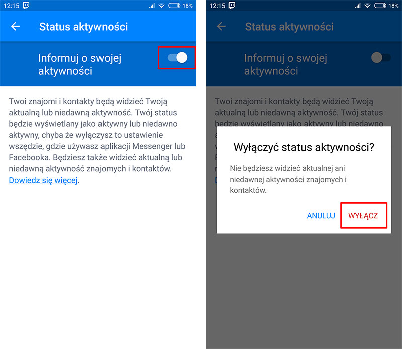 Messenger - wyłącz informowanie o aktywności