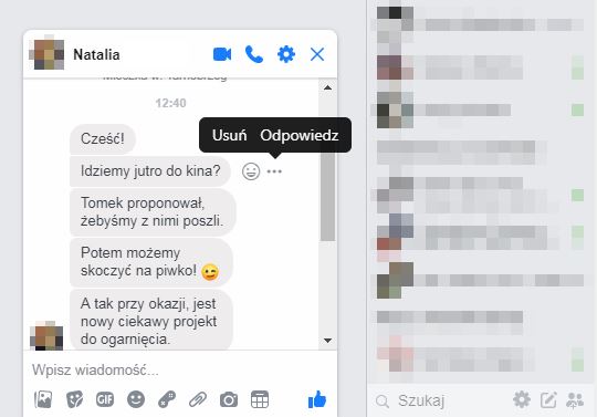 Wybierz opcję zacytowania wiadomości na Facebooku