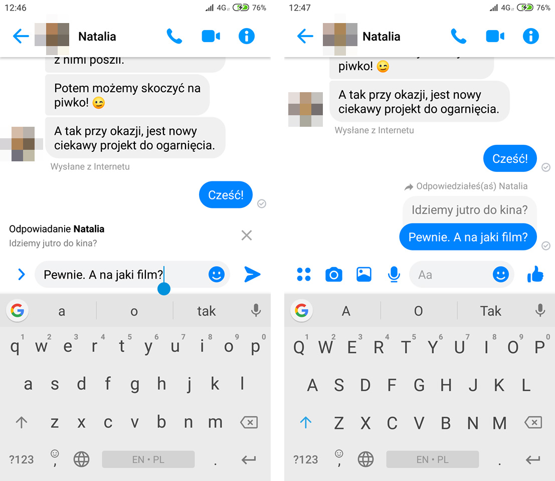 Odpowiadanie na zacytowaną wiadomość w Messengerze