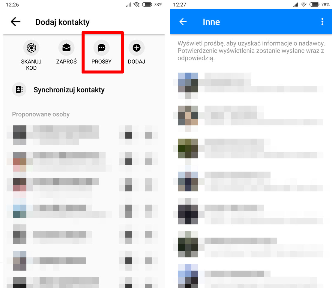 Messenger - wejdź do folderu Inne przez przycisk Prośby