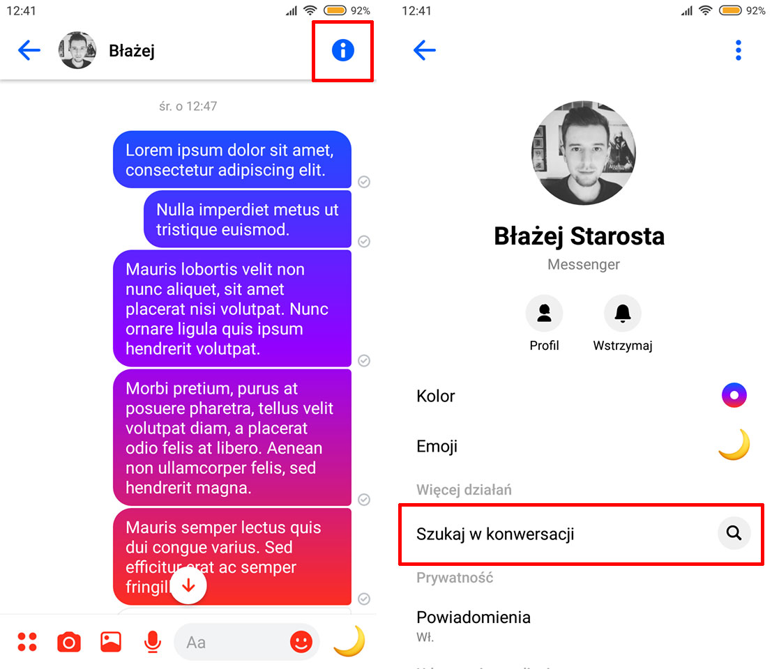 Przejdź do wyszukiwarki w opcjach rozmowy na Messengerze
