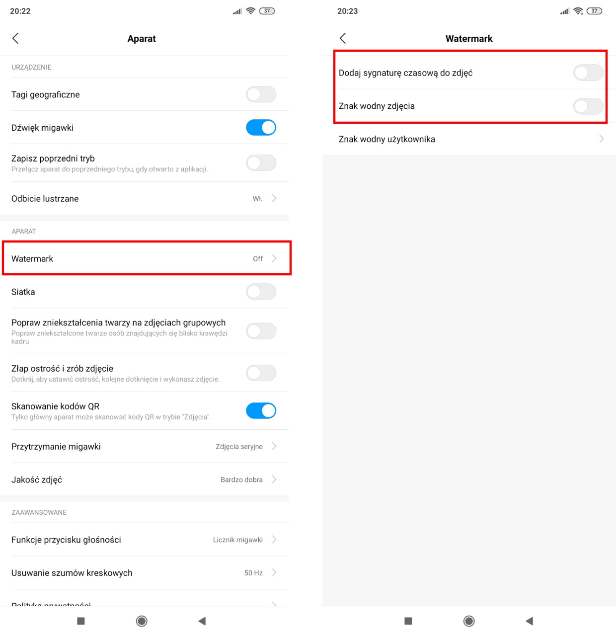 Wyłącz dodawanie znaku wodnego w Mi 9 i Mi 8