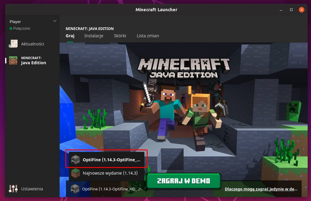 Wybierz profil OptiFine w Minecraft Launcher