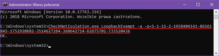Wpisz komendę CheckNetIsolation