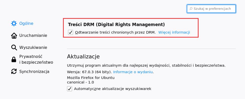 Ręcznie włącz DRM w Firefox