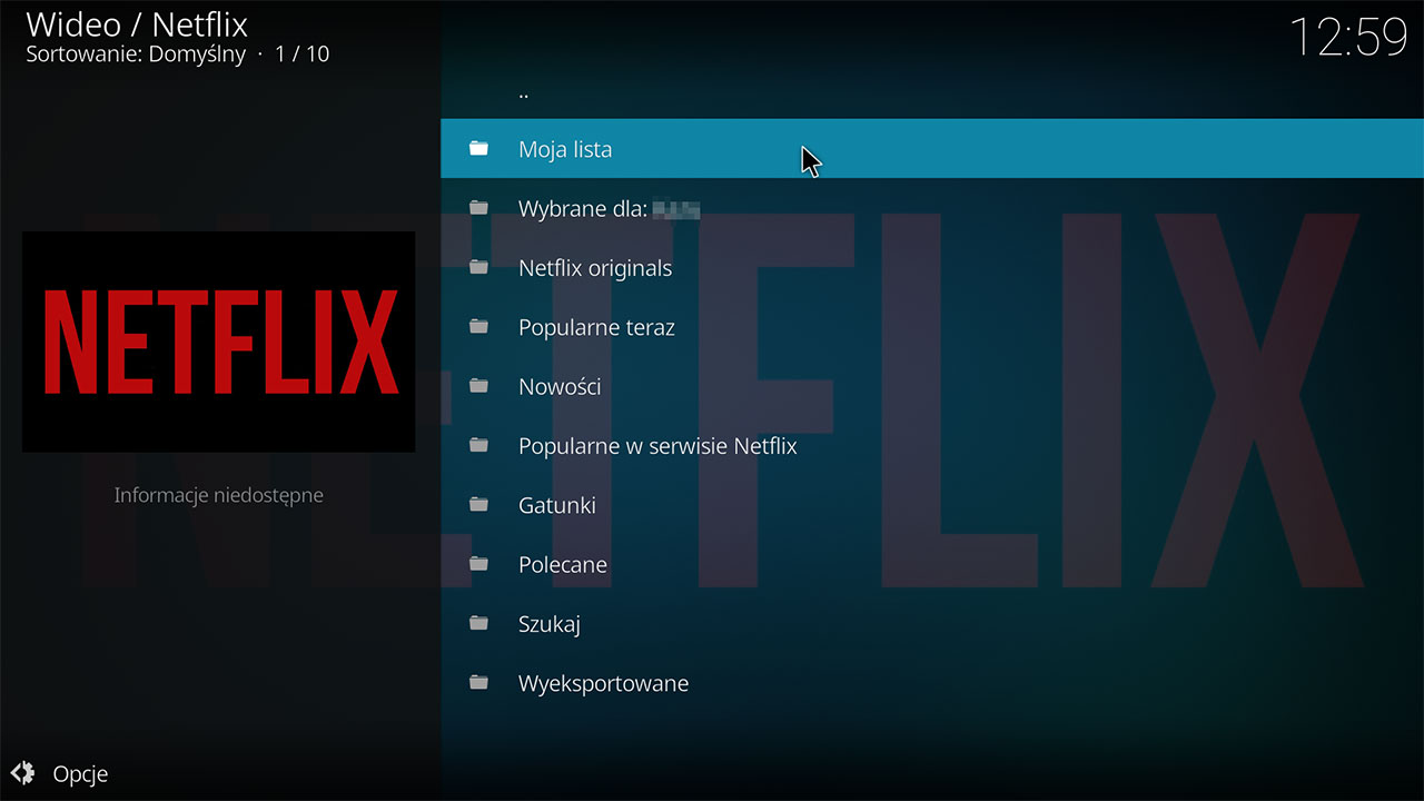 Ekran główny dodatku Netflix