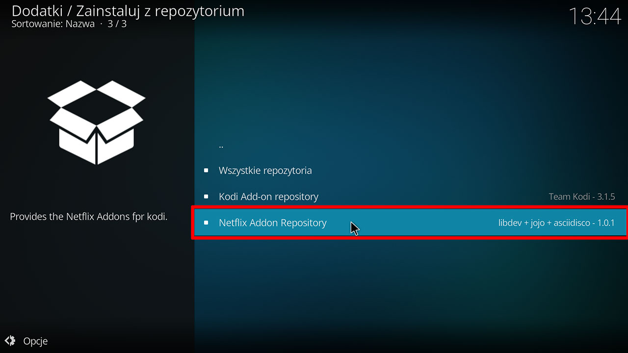 Zainstaluj wtyczkę Netflix z repozytorium "Netflix Addon Repository"