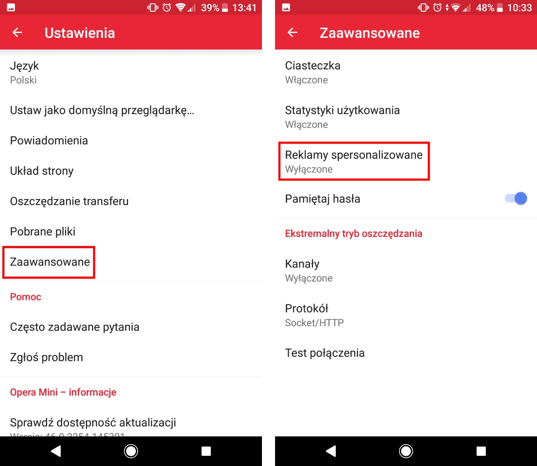 Wyłącz reklamy spersonalizowane w Operze Mini