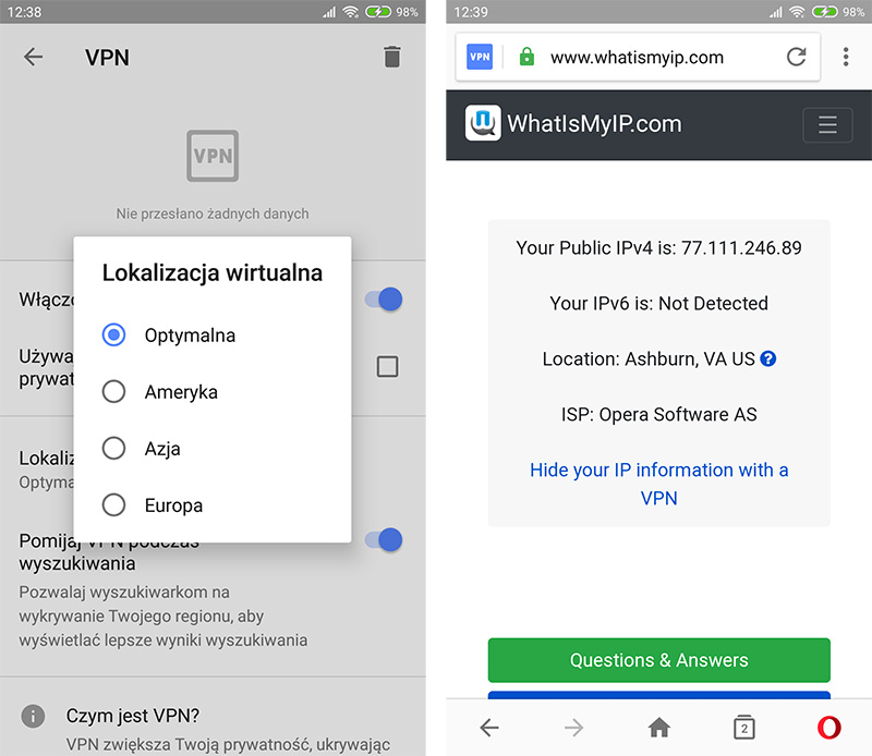 Wybór lokalizacji w Opera VPN