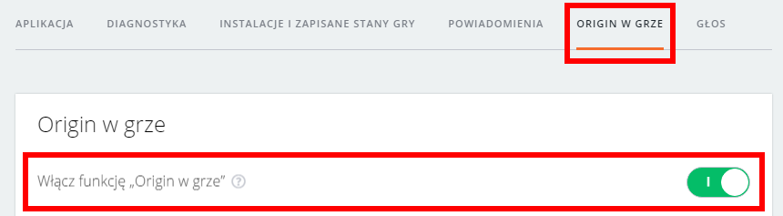 Włącz funkcję Origin w grze