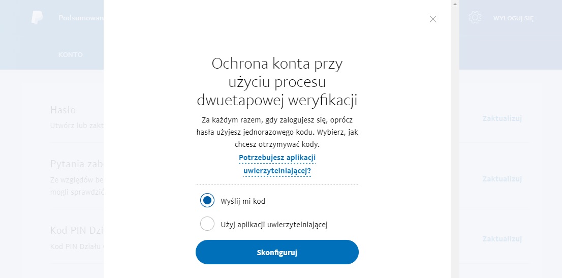 Wybierz opcję uwierzytelniania