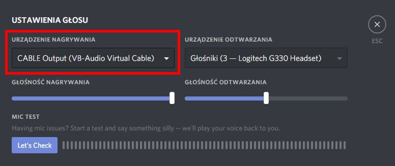 Ustaw Cable Output w Discord