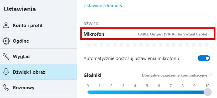 Ustaw Cable Output w Skype