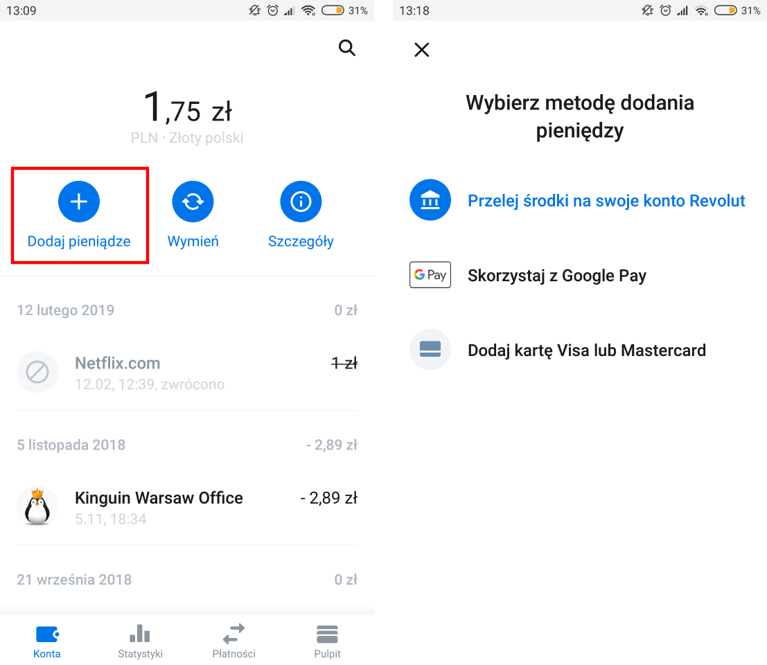 Wybierz opcję dodawania pieniędzy na konto Revolut