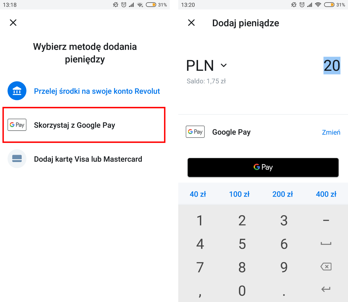 Doładowanie konta Revolut za pomocą Google Pay