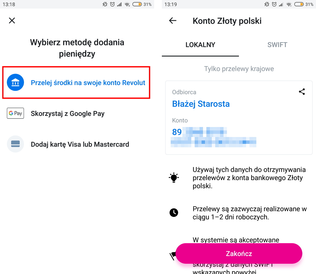 Doładowywanie konta Revolut - przelew