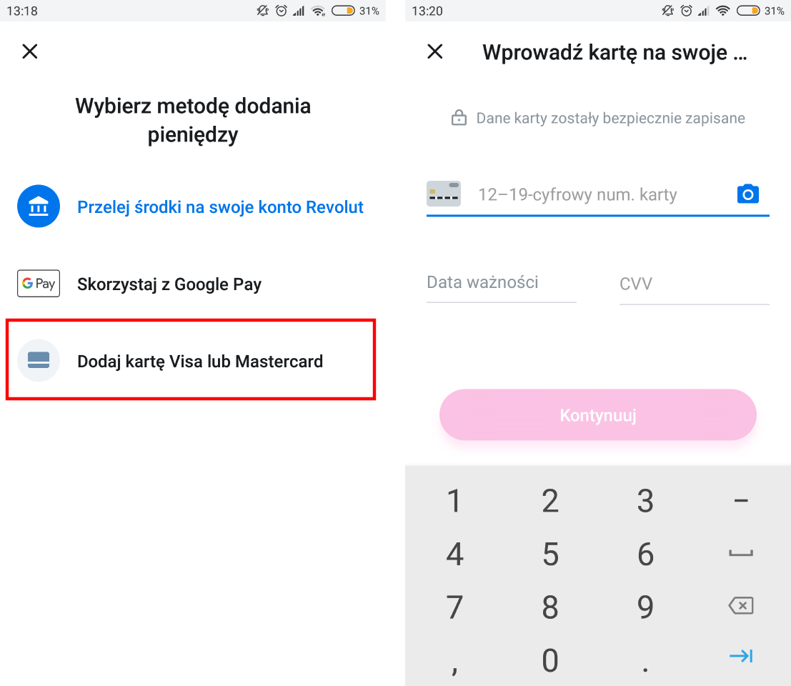 Doładowywanie konta Revolut - karta VISA lub Mastercard