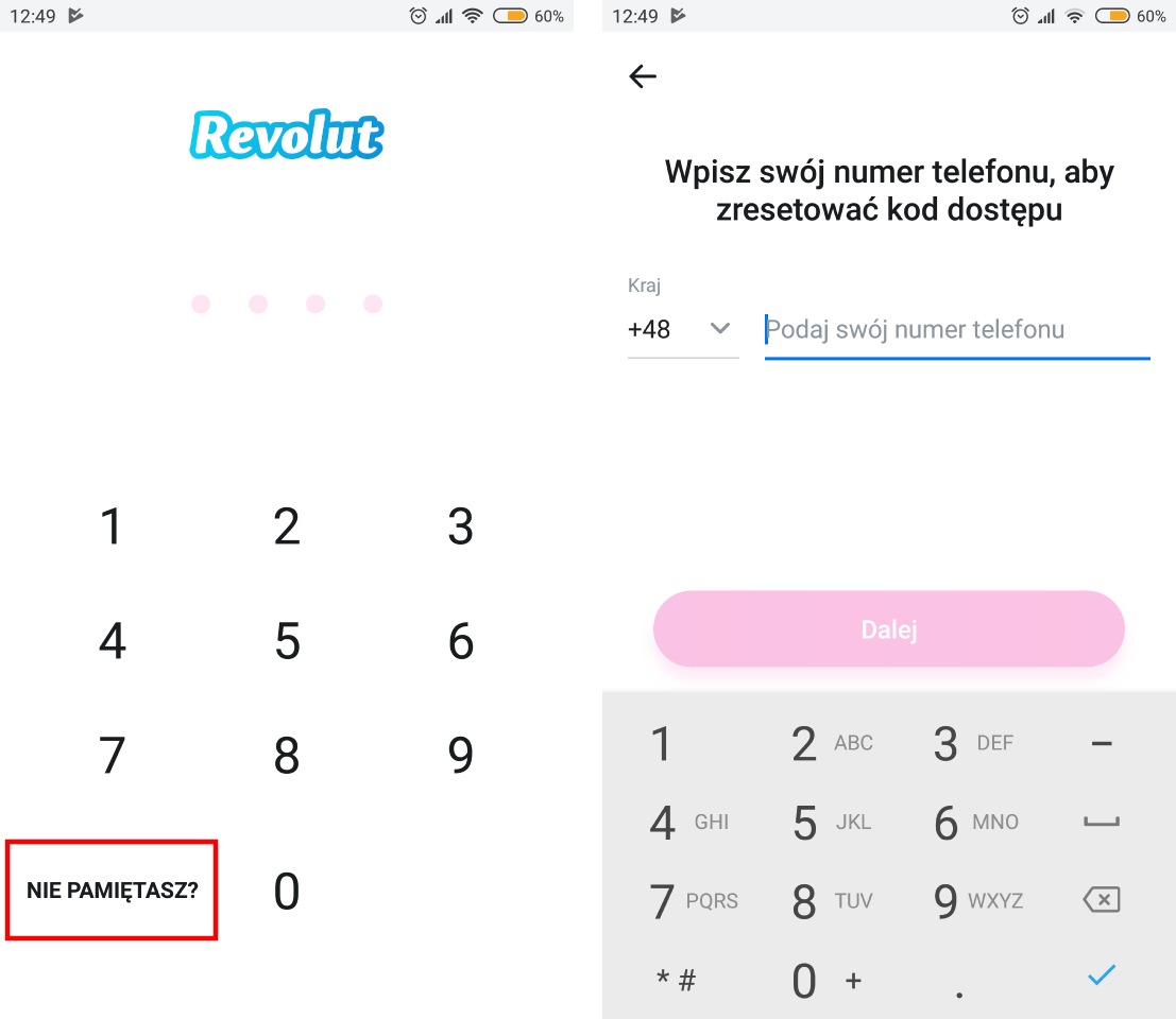 Wybierz opcję "Nie pamiętasz?" w Revolut