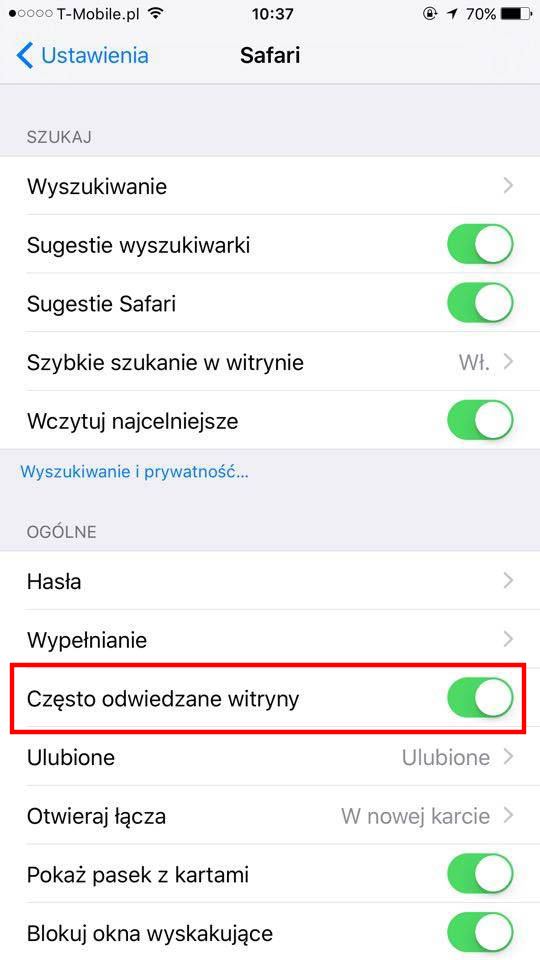 Wyłącz wyświetlanie ostatnio odwiedzonych stron