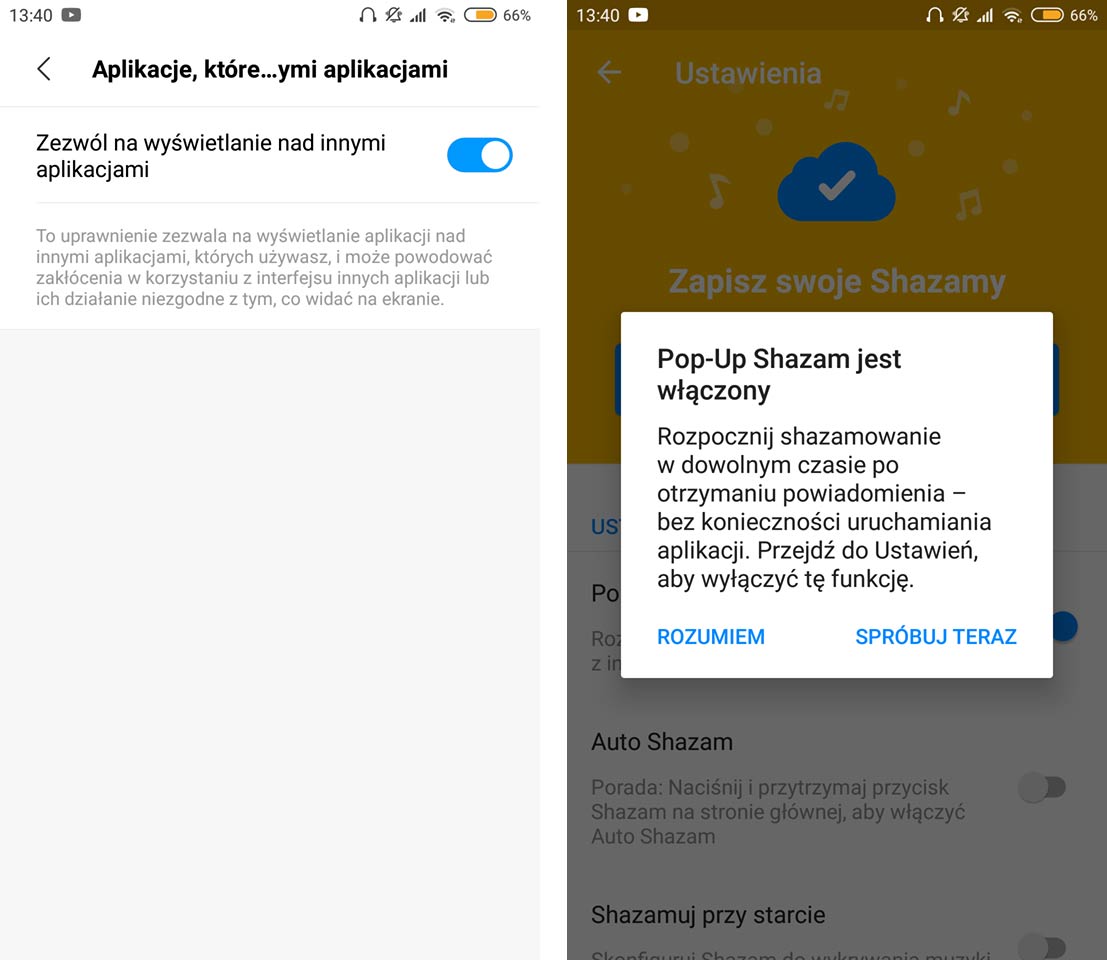 Zezwól na wyświetlenie Shazam nad innymi aplikacjami