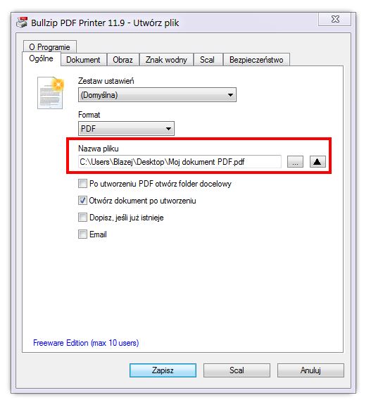 Zapisz dokument do PDF w Bullzip PDF Printer