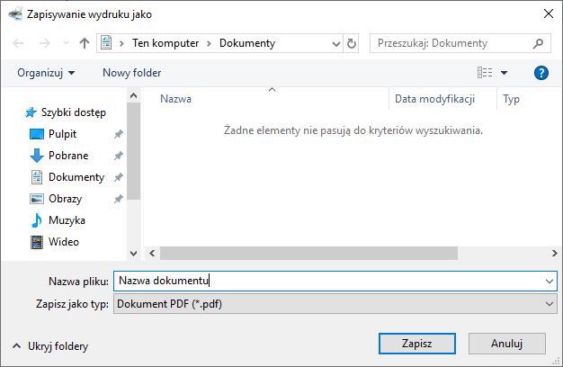 Wybierz miejsce zapisu PDF