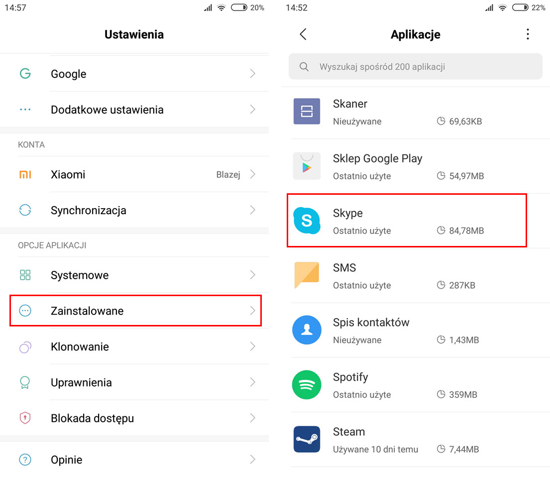 Wejdź do szczegółów aplikacji Skype w Androidzie