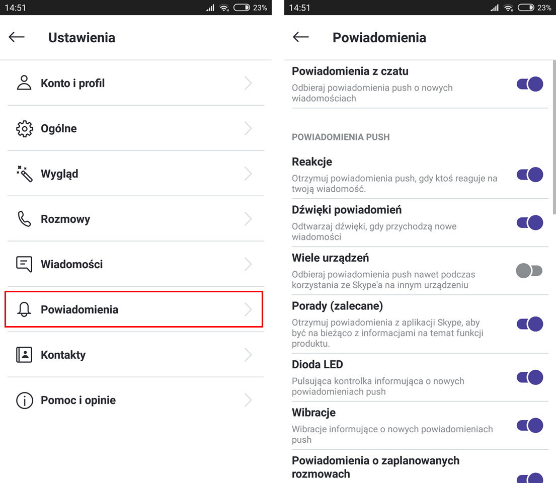 Ustawienia powiadomień w Skype