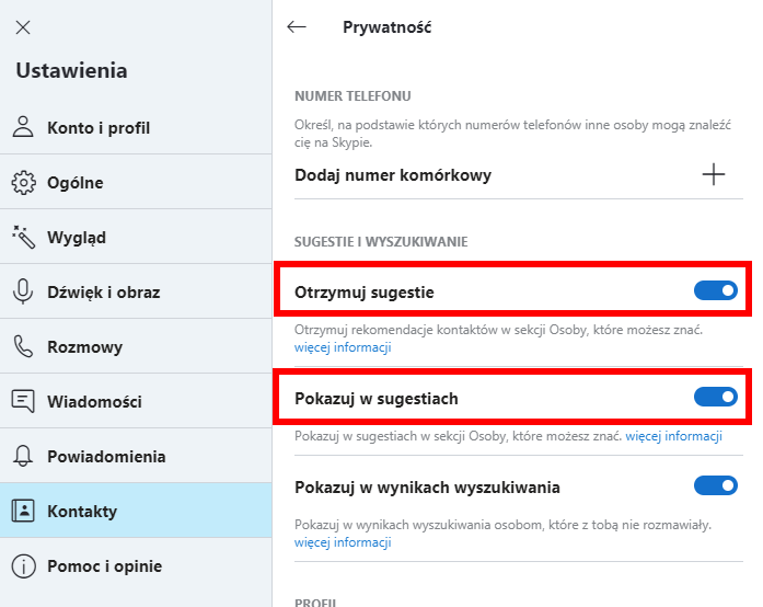 Wyłącz sugerowane kontakty w Skype